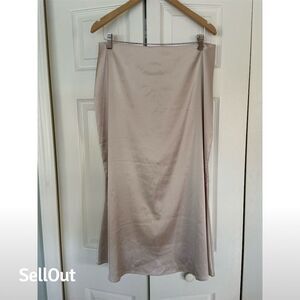 Women's Beige Midi Skirt XL Elastic Waist Casual Solid